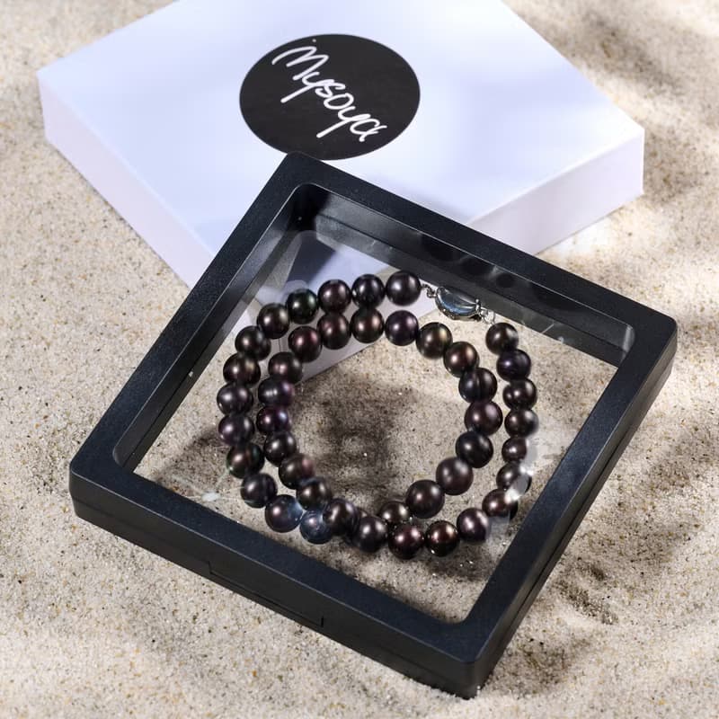 天然炫彩黑色淡水珍珠項鍊 8–9mm 銀色元寶扣 流光溢彩 生日禮物