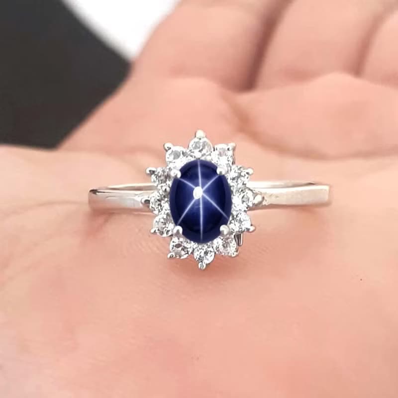 Natural star blue sapphier ring silver sterling size 7.0 free resize / 9x7 mm