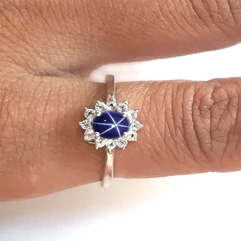 Natural star blue sapphier ring silver sterling size 7.0 free resize / 9x7 mm