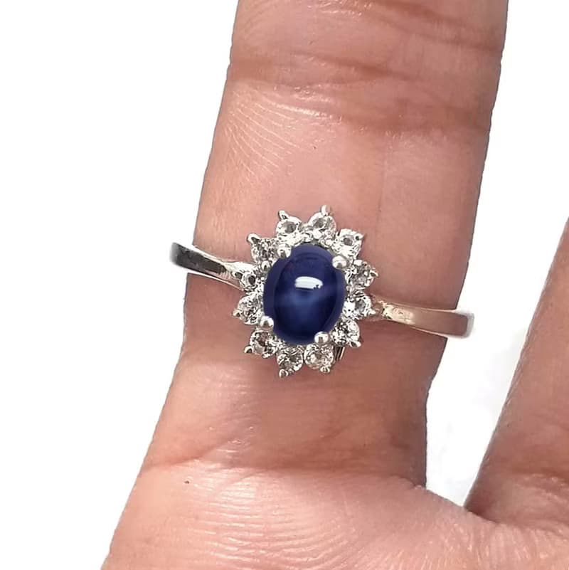 Natural star blue sapphier ring silver sterling size 7.0 free resize / 9x7 mm