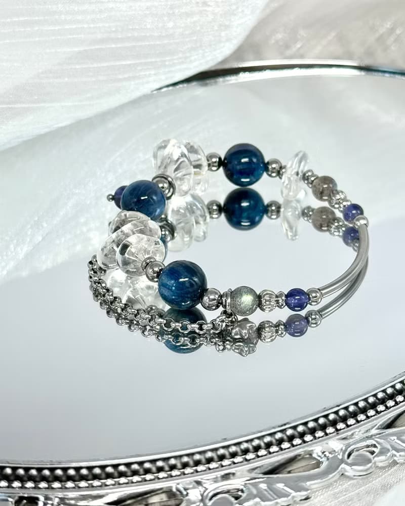 沁藍冰晶水晶手鍊 - 醫療鋼/藍晶石/拉長石/堇青石/白水晶