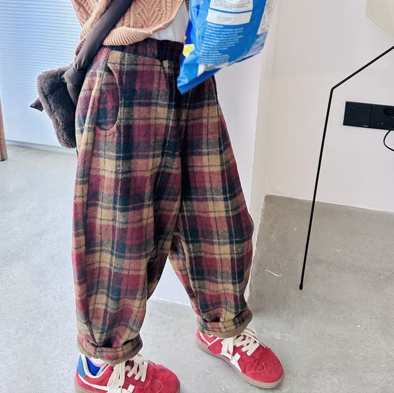 復古格子加絨長褲子 / 童裝