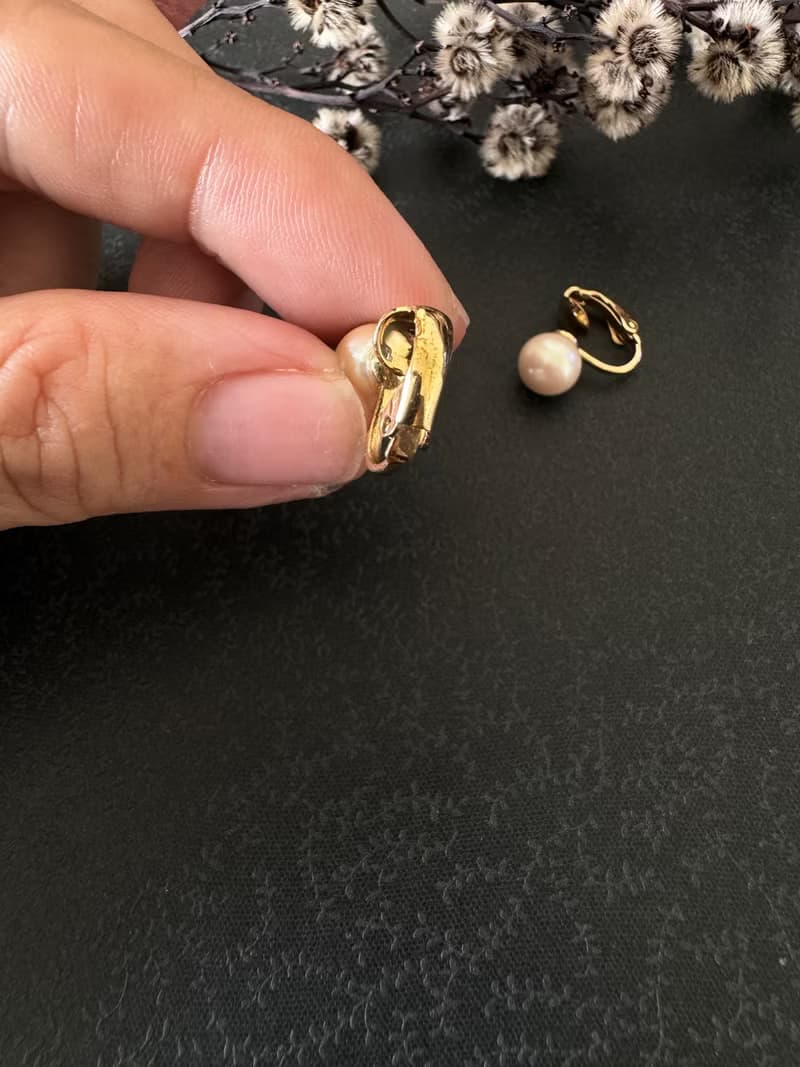 古董立體單顆仿珠珍珠小球夾式耳環  C1075