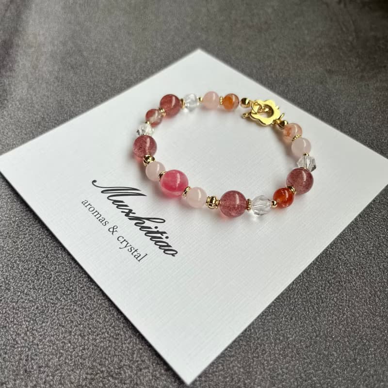 櫻花雨+粉晶+草莓晶+紅膠花  14k金 8字OT扣手鍊