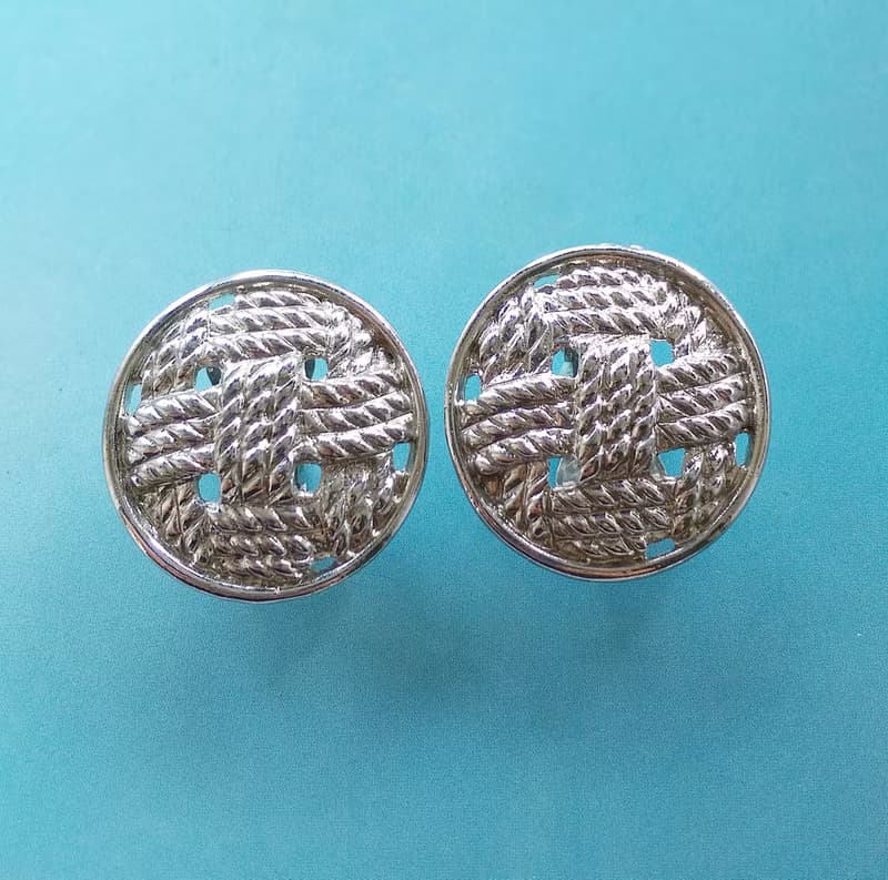 Vintage Jewelry 西洋古董飾品  銀色調 幾何編織繩索 夾式耳環