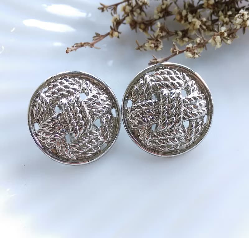 Vintage Jewelry 西洋古董飾品  銀色調 幾何編織繩索 夾式耳環