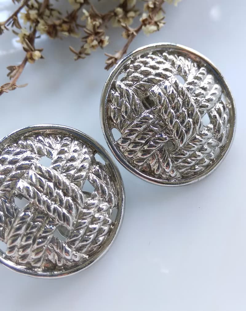 Vintage Jewelry 西洋古董飾品  銀色調 幾何編織繩索 夾式耳環