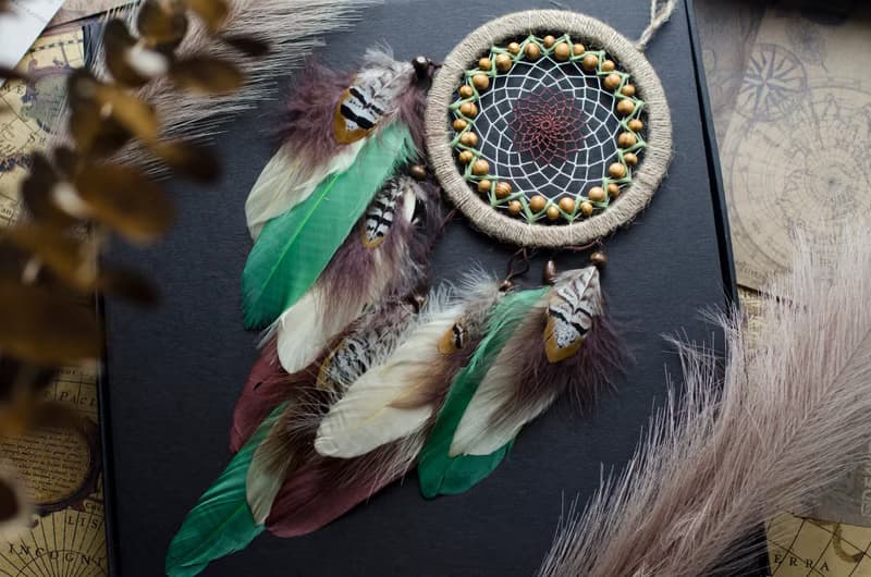 Handmade Beige Dreamcatcher with Green Feathers - Boho Wall Decor - Unique Gift