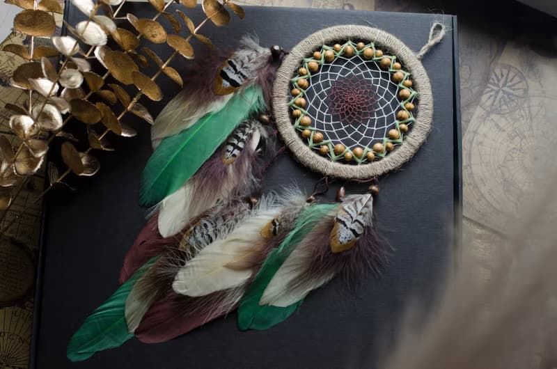 Handmade Beige Dreamcatcher with Green Feathers - Boho Wall Decor - Unique Gift