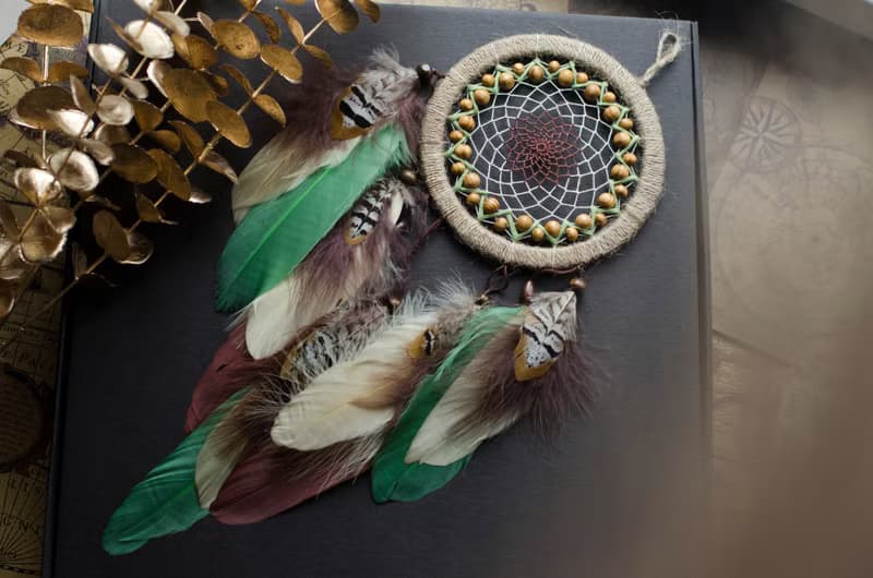 Handmade Beige Dreamcatcher with Green Feathers - Boho Wall Decor - Unique Gift