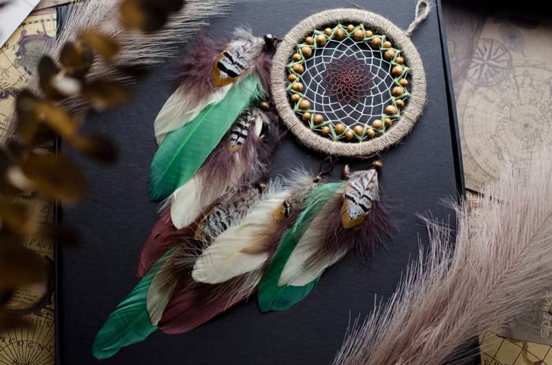 Handmade Beige Dreamcatcher with Green Feathers - Boho Wall Decor - Unique Gift