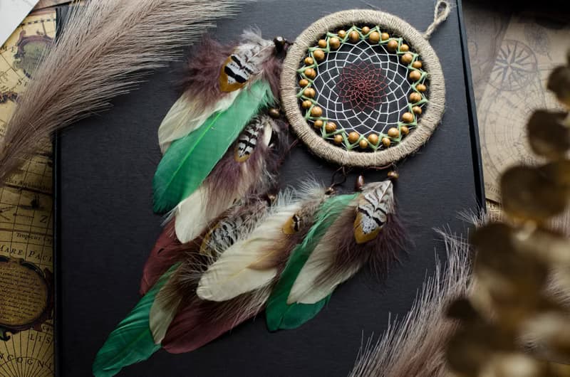 Handmade Beige Dreamcatcher with Green Feathers - Boho Wall Decor - Unique Gift