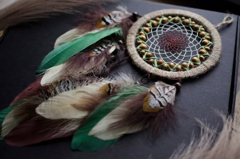Handmade Beige Dreamcatcher with Green Feathers - Boho Wall Decor - Unique Gift
