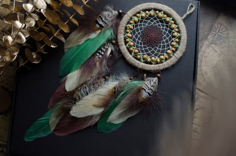 Handmade Beige Dreamcatcher with Green Feathers - Boho Wall Decor - Unique Gift