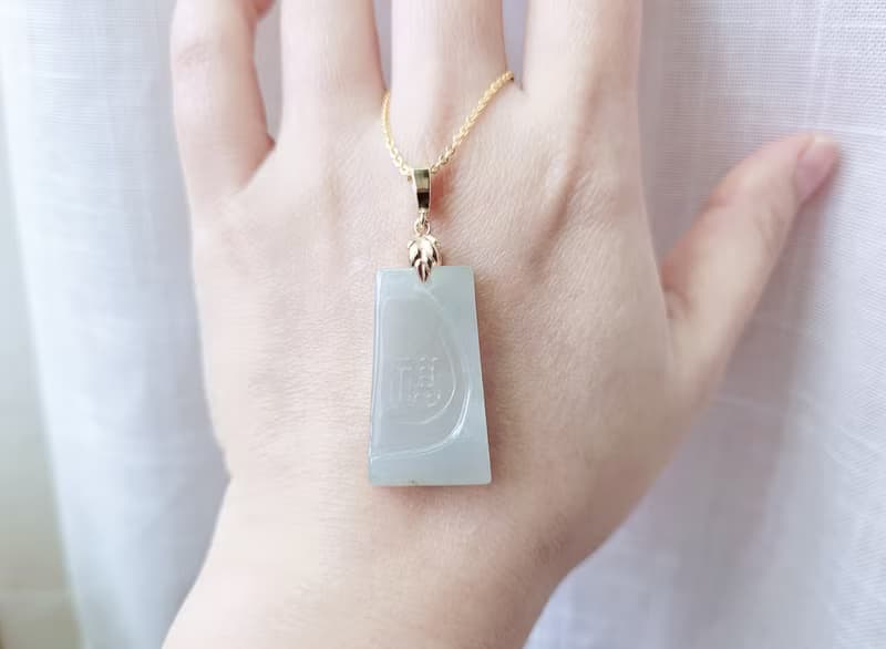 【親翠】天然翡翠 冰晴老種福字無事牌14K金葉子釦頭鎖骨鏈