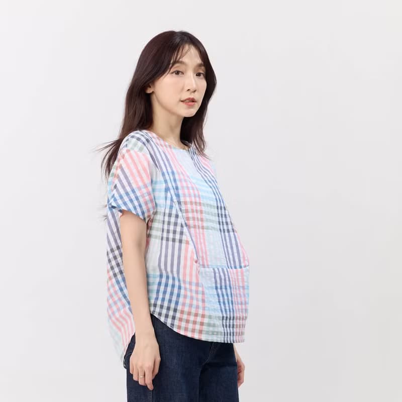 Debbie 方型小蓋袖拼接棉質上衣/彩格紋