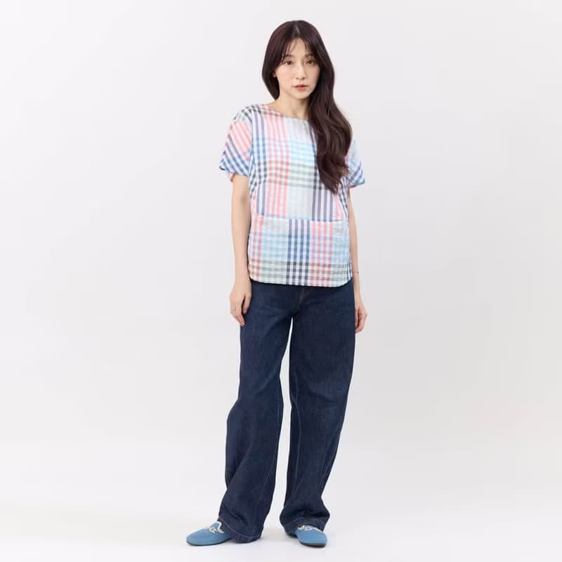 Debbie 方型小蓋袖拼接棉質上衣/彩格紋