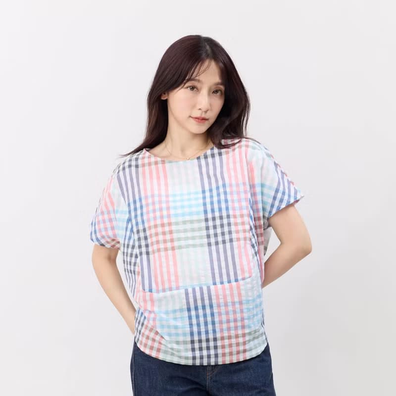 Debbie 方型小蓋袖拼接棉質上衣/彩格紋