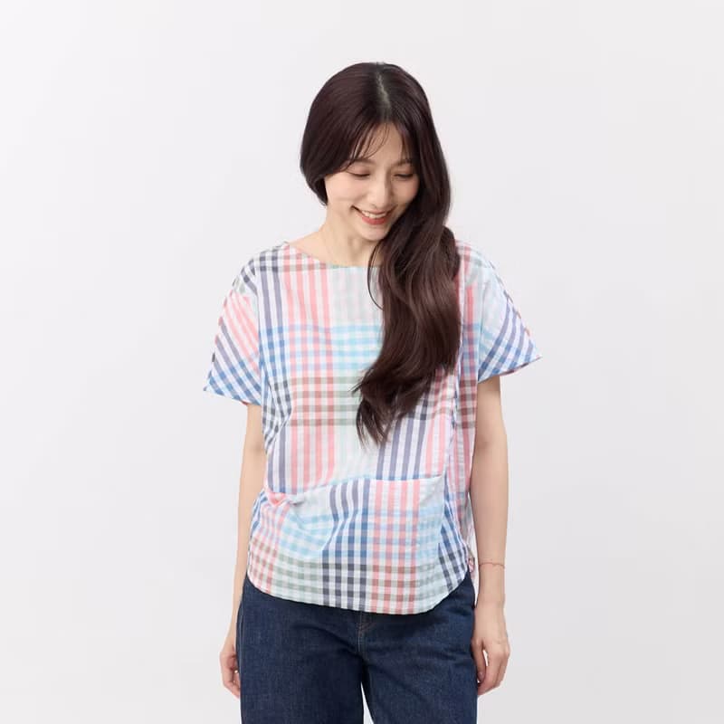 Debbie 方型小蓋袖拼接棉質上衣/彩格紋