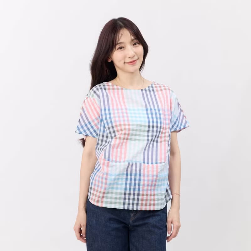 Debbie 方型小蓋袖拼接棉質上衣/彩格紋