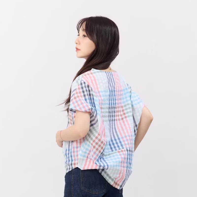 Debbie 方型小蓋袖拼接棉質上衣/彩格紋