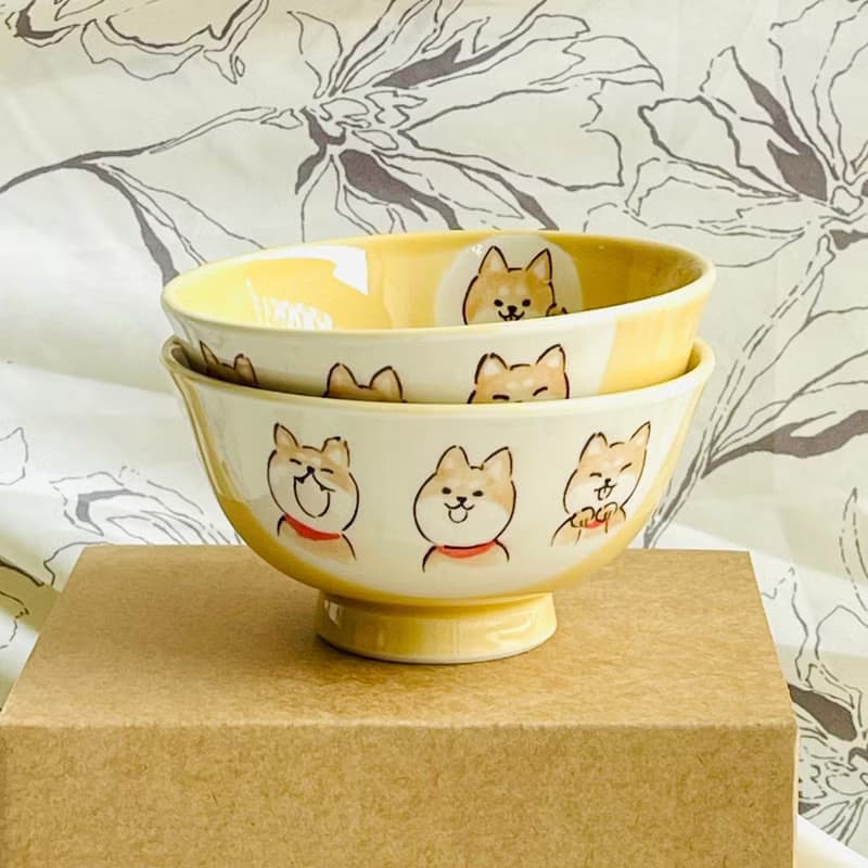 瀨戶燒-撞色釉彩手繪柴犬飯碗雙入禮盒