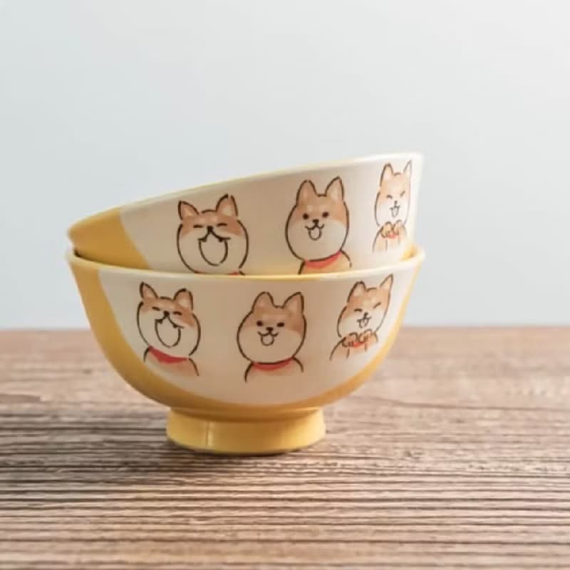 瀨戶燒-撞色釉彩手繪柴犬飯碗雙入禮盒