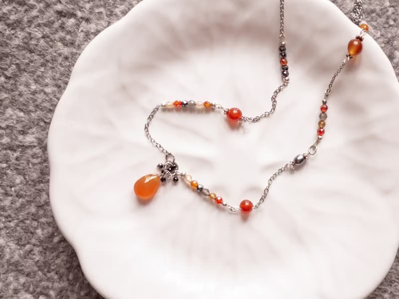 Halloween Necklace, 925 Silver, Carnelian, hematite, spinel, quartz, zircon