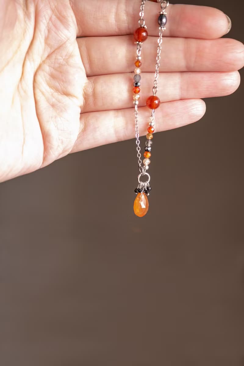 Halloween Necklace, 925 Silver, Carnelian, hematite, spinel, quartz, zircon