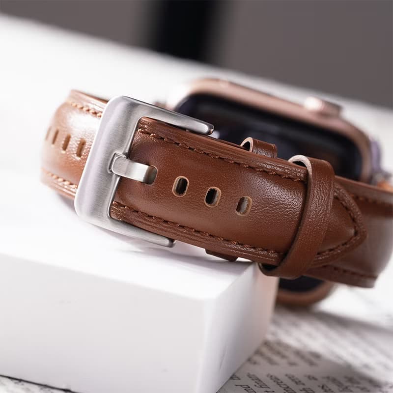 Apple watch - 【限定暖茶褐色】同色車線真皮蘋果錶帶