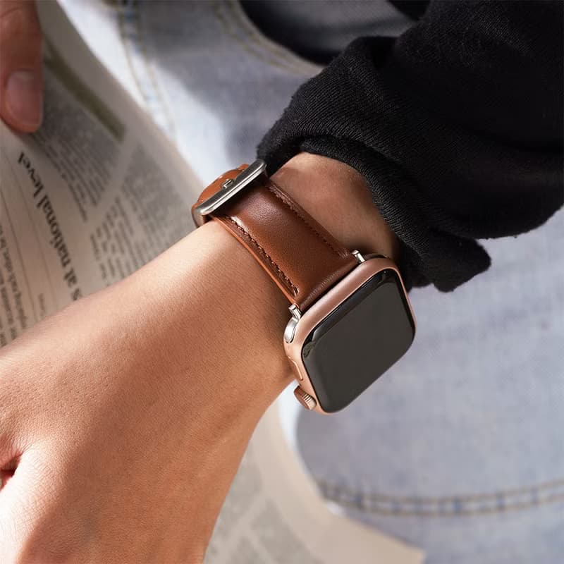 Apple watch - 【限定暖茶褐色】同色車線真皮蘋果錶帶