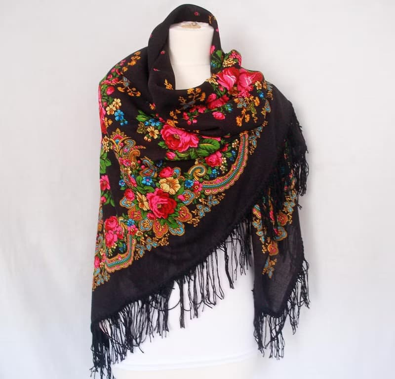 Pavlovo Posad Russian Shawl 100% Wool Scarf 125 cm, Wrap Woolen Fringe 1219-18