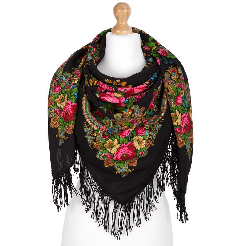 Pavlovo Posad Russian Shawl 100% Wool Scarf 125 cm, Wrap Woolen Fringe 1219-18