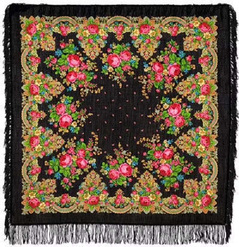 Pavlovo Posad Russian Shawl 100% Wool Scarf 125 cm, Wrap Woolen Fringe 1219-18