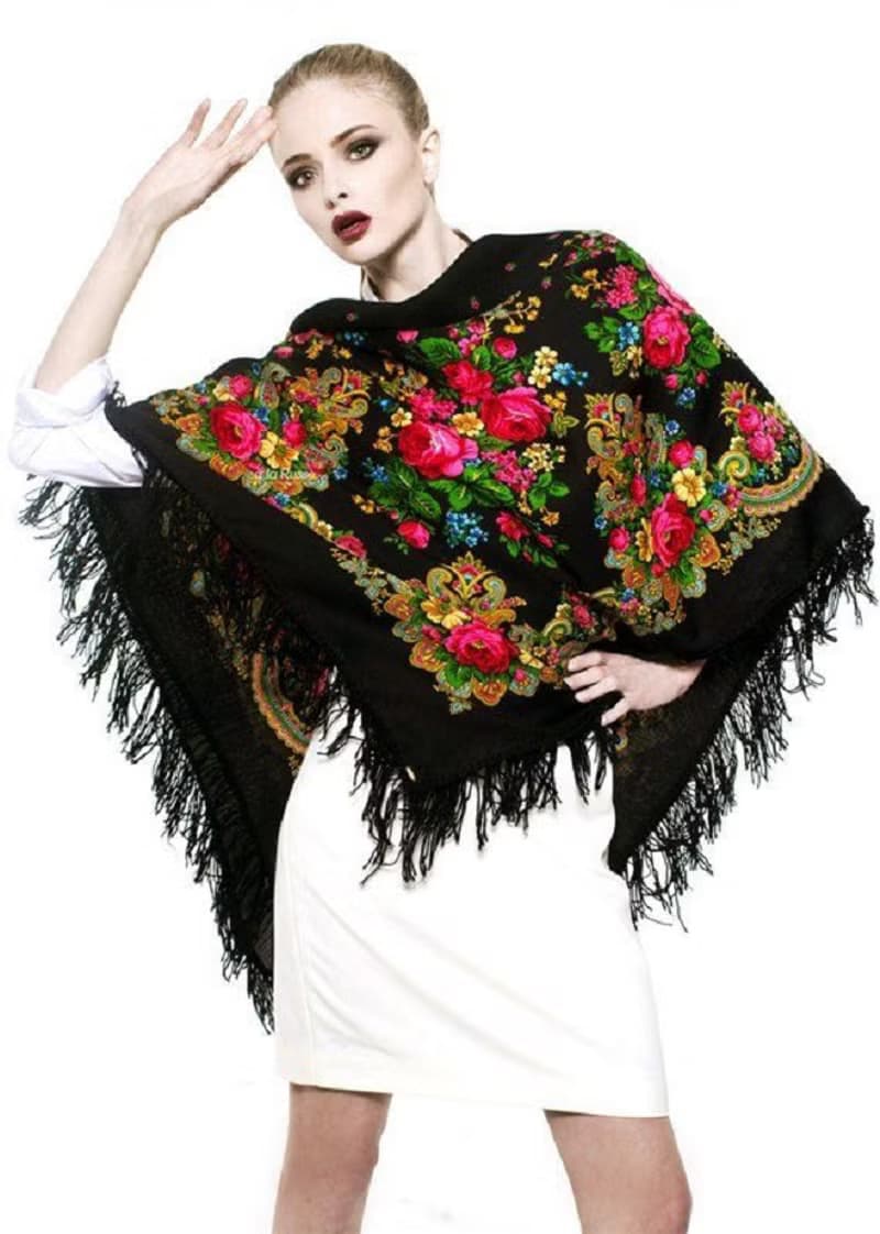 Pavlovo Posad Russian Shawl 100% Wool Scarf 125 cm, Wrap Woolen Fringe 1219-18