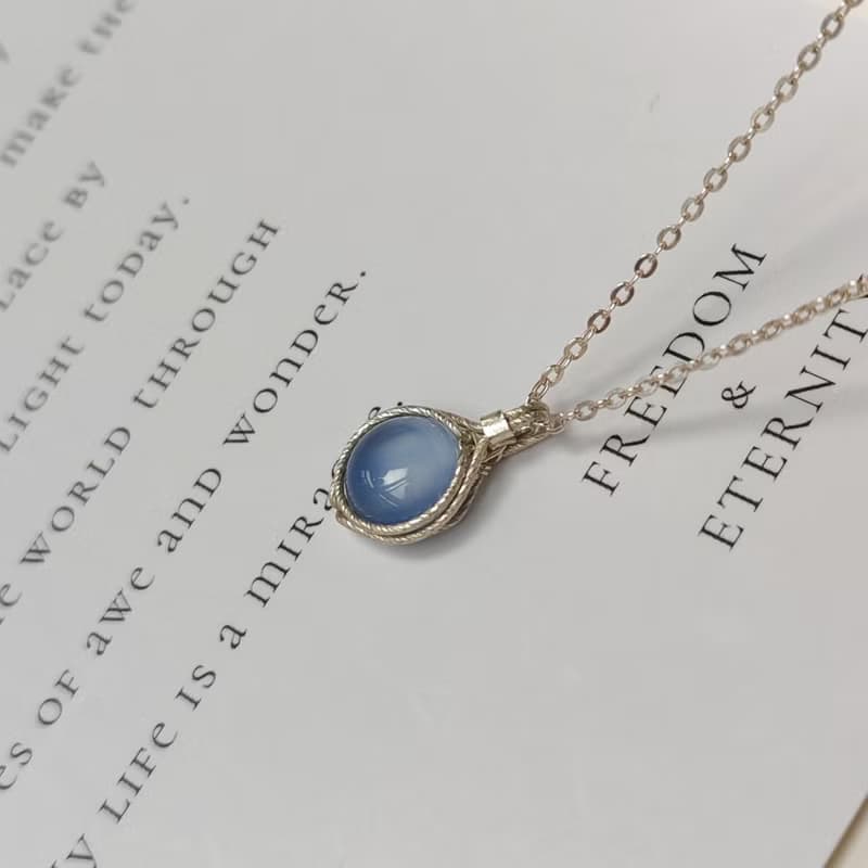 冰種藍玉髓吊墜 銀圓形天然玉髓項鍊 925銀手工吊飾