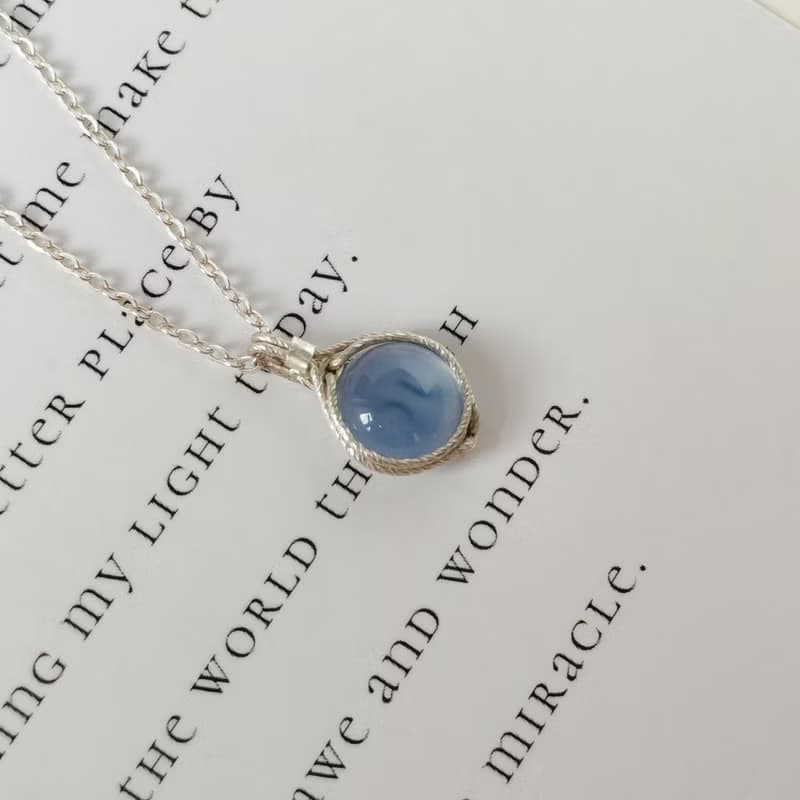 冰種藍玉髓吊墜 銀圓形天然玉髓項鍊 925銀手工吊飾