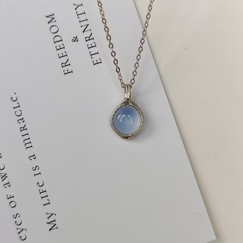冰種藍玉髓吊墜 銀圓形天然玉髓項鍊 925銀手工吊飾