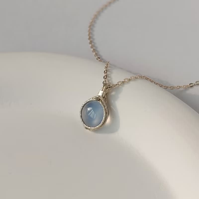冰種藍玉髓吊墜 銀圓形天然玉髓項鍊 925銀手工吊飾