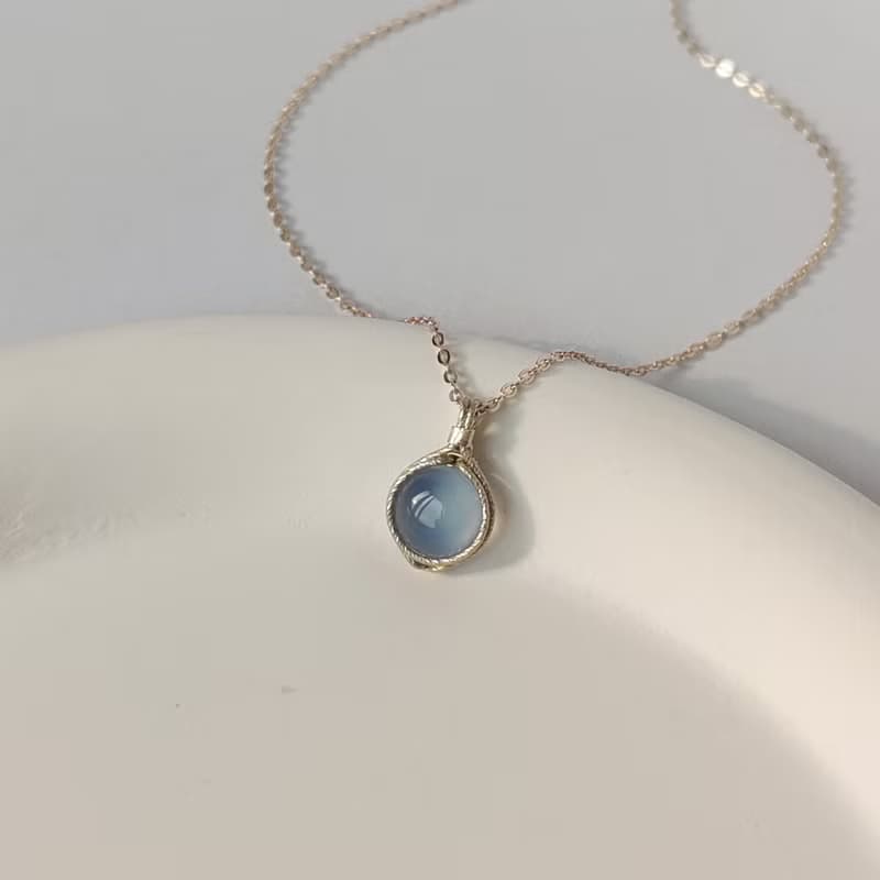 冰種藍玉髓吊墜 銀圓形天然玉髓項鍊 925銀手工吊飾