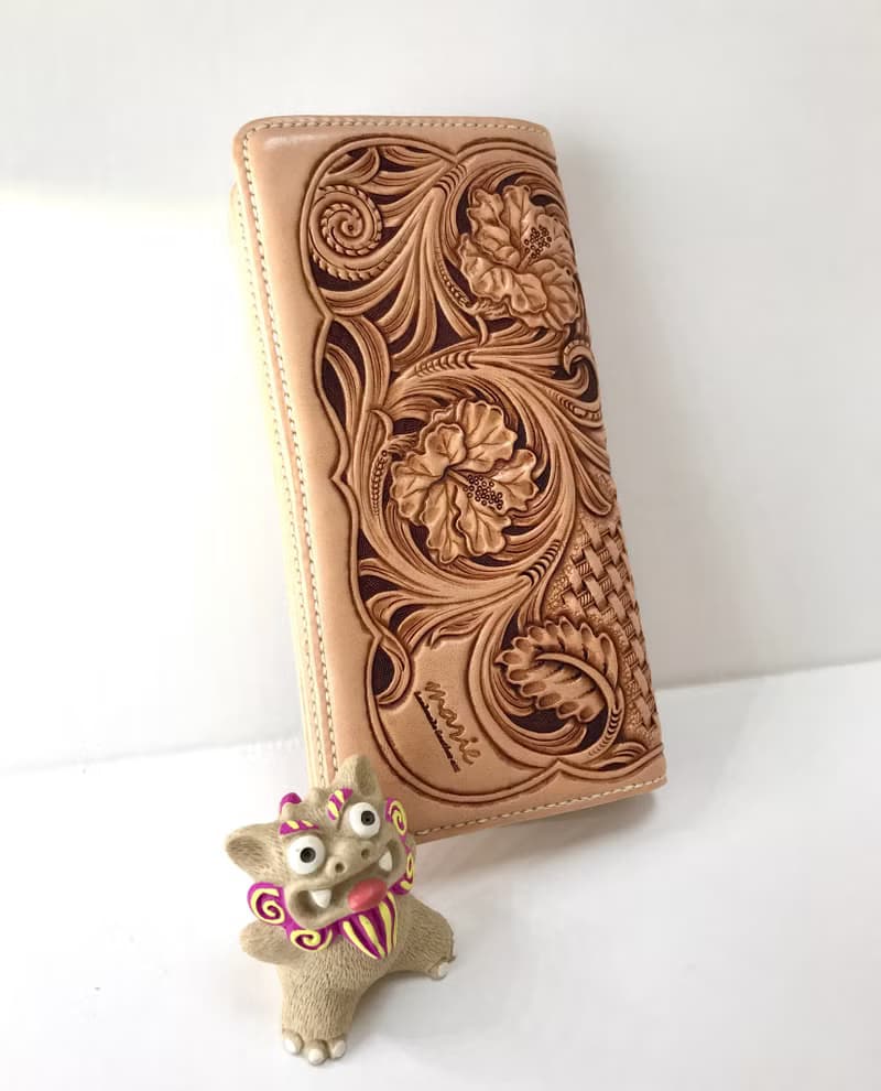 ハイビスカス長財布/革/レザーカービング/