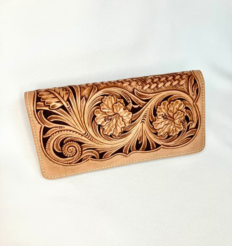 ハイビスカス長財布/革/レザーカービング/