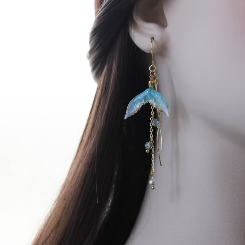 【海洋人魚尾耳環】漸層藍色美人魚尾耳環 浪漫水晶花 耳環/耳夾