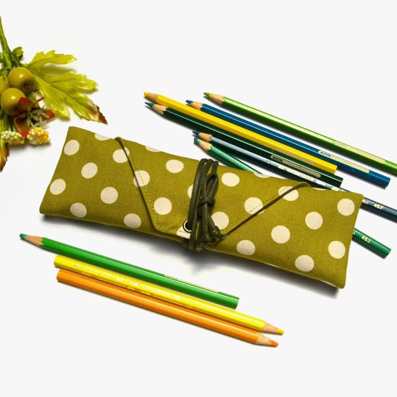 芥末綠白圓點餐具包/筆收納袋 餐具套 餐具袋帆布 收納 環保 方便