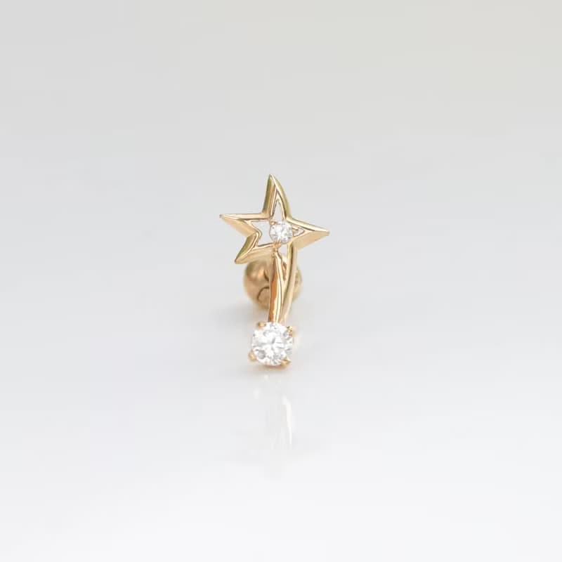 14K 星星弧形鑽鎖珠耳環 (單個) (方向適合左耳耳骨)