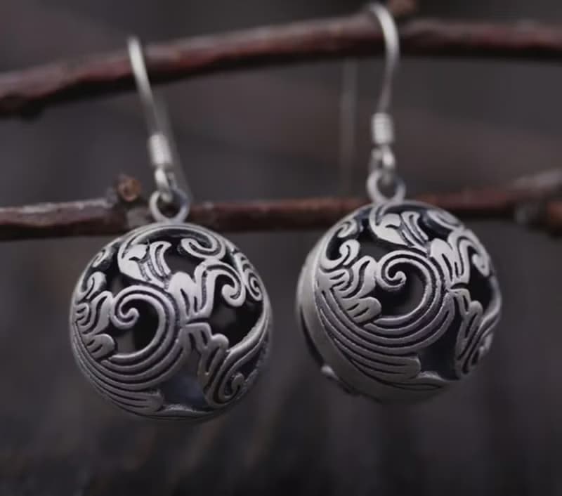 Real S925 Thai Sterling Silver Women Hollow Balls Drop Earrings Vintage Black