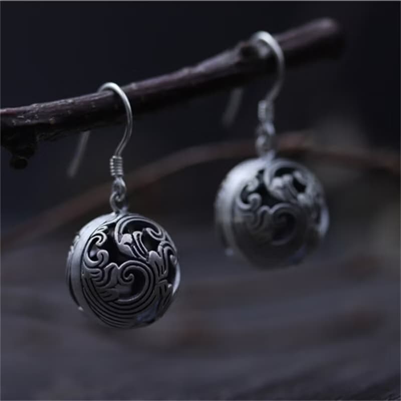 Real S925 Thai Sterling Silver Women Hollow Balls Drop Earrings Vintage Black