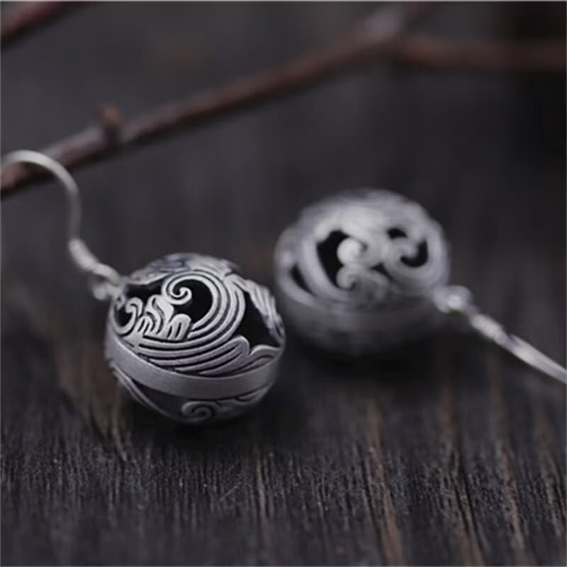 Real S925 Thai Sterling Silver Women Hollow Balls Drop Earrings Vintage Black