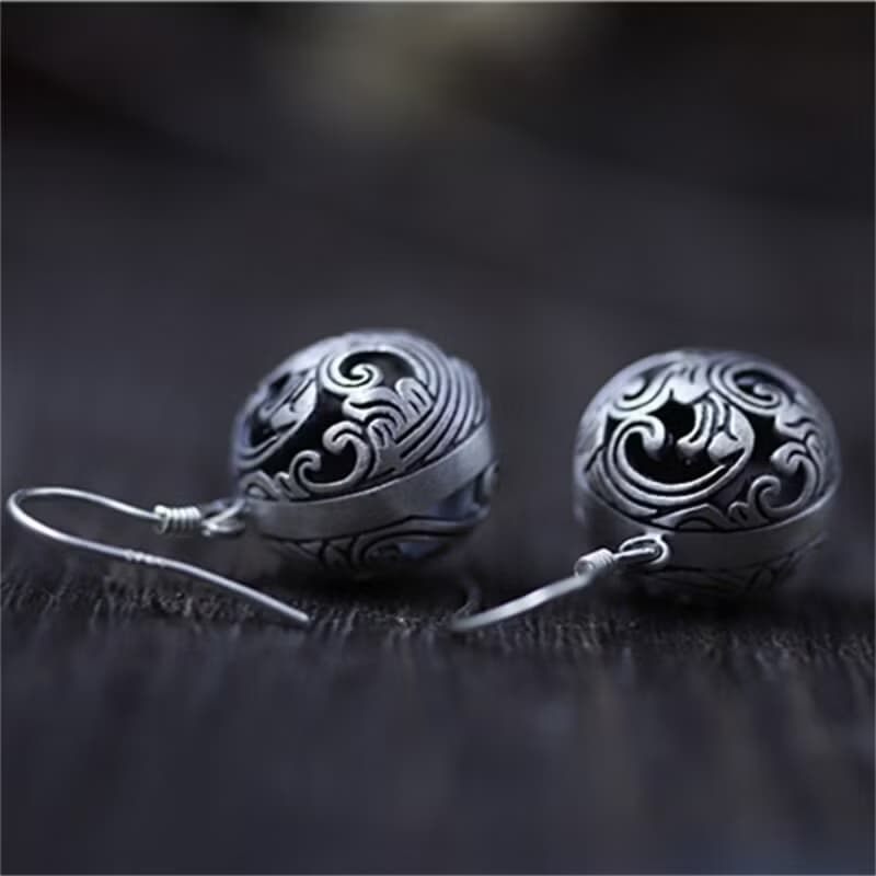 Real S925 Thai Sterling Silver Women Hollow Balls Drop Earrings Vintage Black
