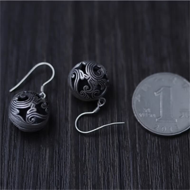Real S925 Thai Sterling Silver Women Hollow Balls Drop Earrings Vintage Black